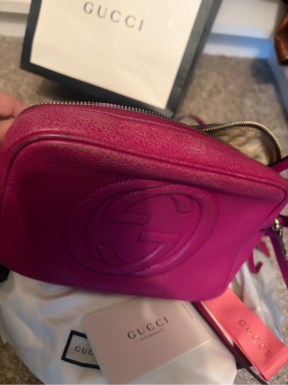 Gucci Crossbody Bag in Fuchsia Pink with Embossed Double G